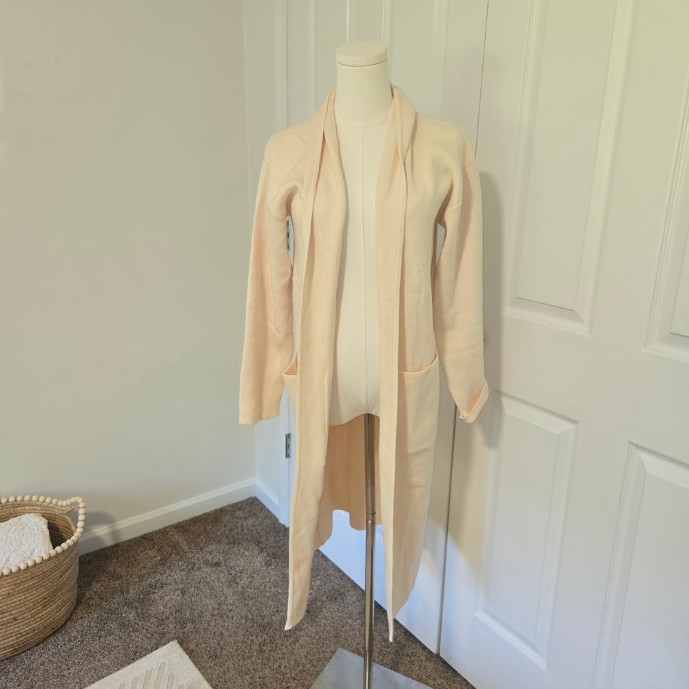 ANRABESS Duster Cardigan Women Medium Cream Open Front Shawl Collar Longline NEW